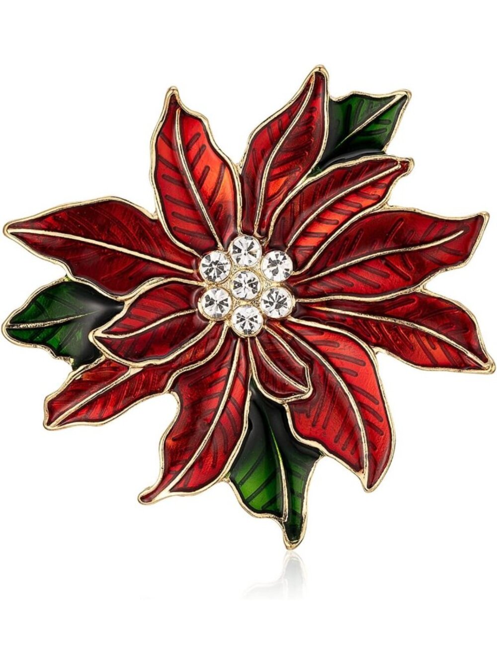 Stunning Red Poinsettia Brooch with CZ Rhinestones & Green Leaves - Holiday